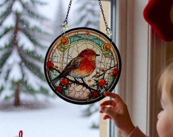 Robin on Rose Branch Acrylic Suncatcher, 15cm – Optional AB Crystals