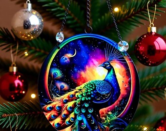 Rainbow Peacock Acrylic Suncatcher, 15cm – Optional Three Glass Crystal Drops