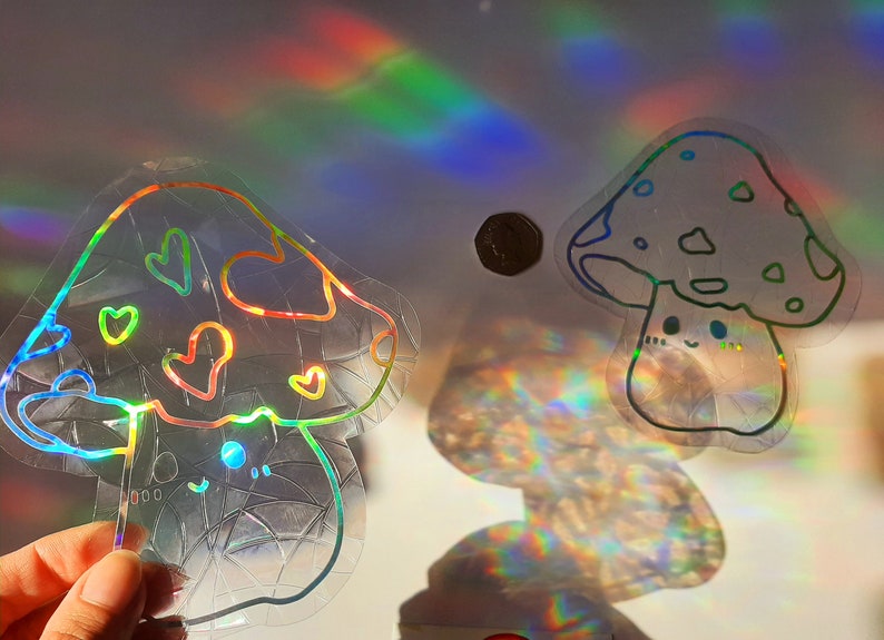 Set of 2 Mix Mushrooms Suncatcher Sticker Rainbow Cottagecore Mushrooms Suncatcher Window Film Cling Prism Window Decal Nursery Kids Bedroom Dorm Classroom Christmas Gift Kids Thanksgiving Home, Car, Friends