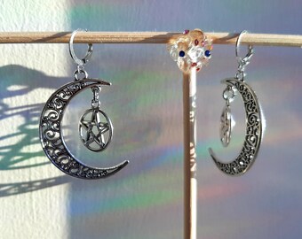 Pentagram Filigree Crescent Moon Earrings 925 Silver Plated Hoop Leverback Dangle Earrings.Wiccan Pagan Goth Earrings.Handmade Jewelry