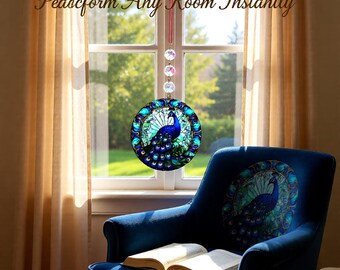 Blue Peacock Acrylic Suncatcher, 8cm – Optional AB Glass Teardrop
