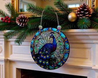 Peacock Feather Acrylic Window Hanging, 15cm – Blue Bird Suncatcher with AB Crystals