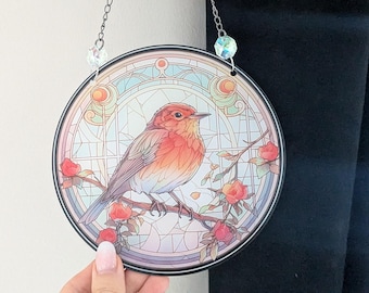 Rose and Robin Window Hanging, 15cm – Printed Acrylic with Optional Crystal Detail