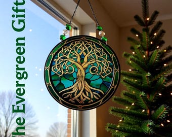 Tree of Life Window Hanging, 15cm Printed Acrylic – Colourful Glass Crystal Accents