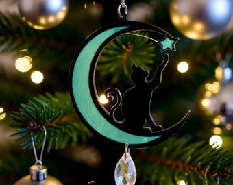 Black Cat on Green Moon Acrylic Suncatcher, 8cm – Optional Name or Date