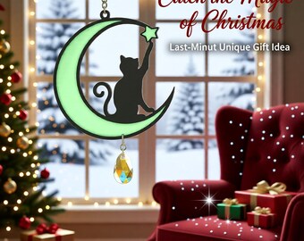 Black Cat and Green Crescent Moon Acrylic Suncatcher – Crystal Window Hanging