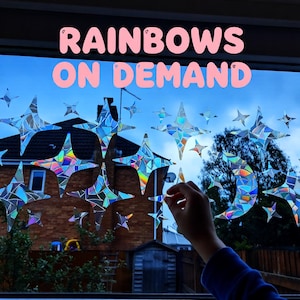 Crescent Moon and Four-Point Star Rainbow Window Clings – Reusable Celestial Suncatcher Film