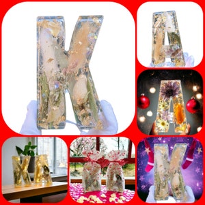 Luminária de resina com letras grandes, flor real, inicial personalizada, decoração noturna para o Dia das Mães. Presente de casamento feito à mão para ela e sua mãe.