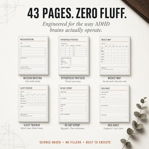 May include: A planner with six different page layouts, including a mission briefing, sleep tracker, and weekly map. The text reads "43 Pages. Zero Fluff." and "Engineered for the way ADHD brains actually operate."
