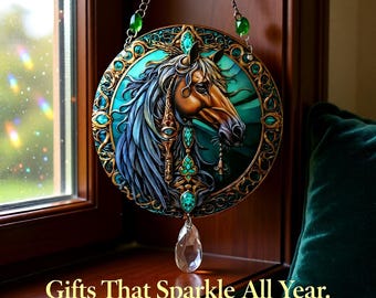 Horse Portrait Window Ornament, 20cm Printed Acrylic – Clear Crystal Drop and Choice of Design