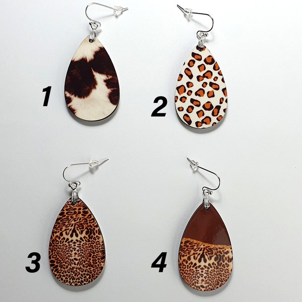 Western teardrop earrings animal print dangle wooden earring aesthetic handmade summer jewelry country cow gifts girl leopard print gift her