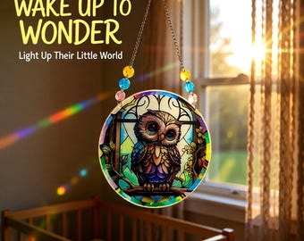 Owl Acrylic Suncatcher with Coloured Glass Crystals – Woodland Window Hanging