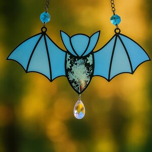 Bat Flowers Sun Catcher Window Stained Acrylic Blue & Pink Hanging Ornament Decor Wall Suncatcher Crystals Glass Rainbow Witch Gift Birthday