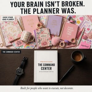 May include: An assortment of planners, notebooks, and accessories are arranged on a dark wood surface. The image includes a watch, a coffee cup, and a pen. The text on the top says "YOUR BRAIN ISN'T BROKEN. THE PLANNER WAS."