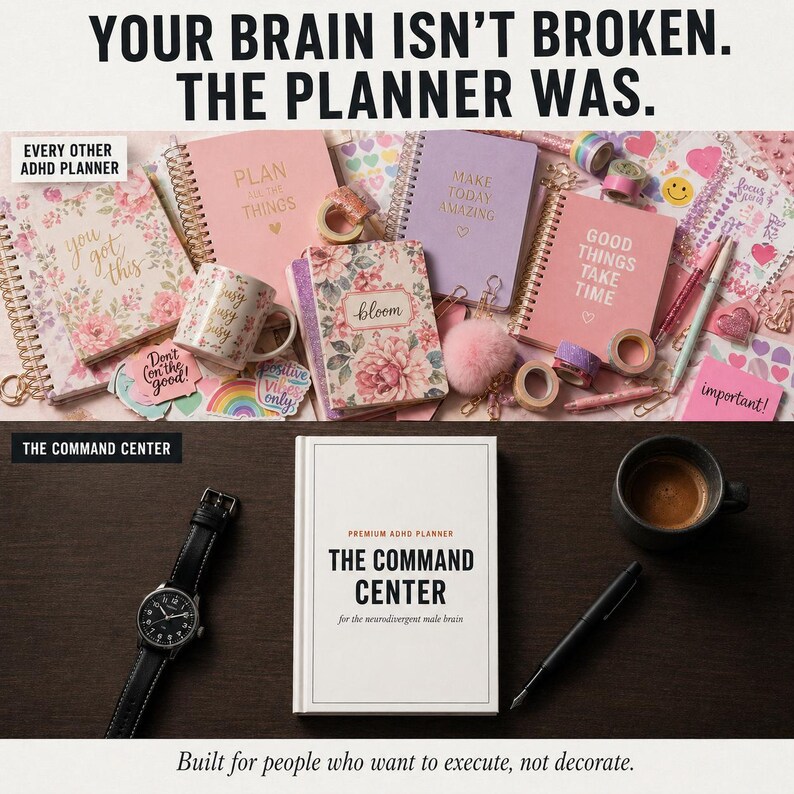 May include: An assortment of planners, notebooks, and accessories are arranged on a dark wood surface. The image includes a watch, a coffee cup, and a pen. The text on the top says "YOUR BRAIN ISN'T BROKEN. THE PLANNER WAS."