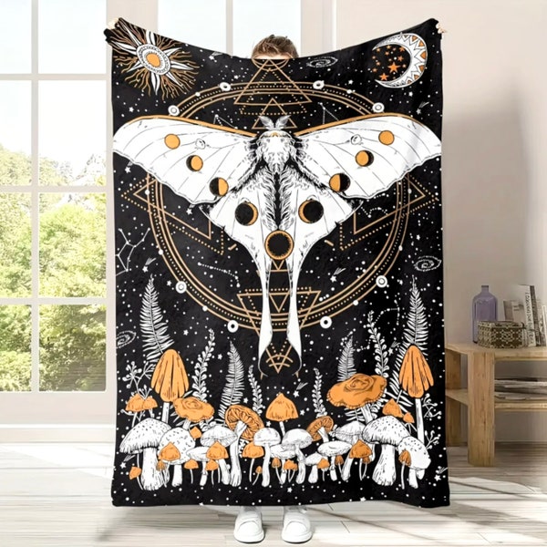 Celestial Sun Moon Phases Moth Blanket Gothic Psychedelic Cottagecore Decor Magic Mushrooms Plant Lover Tapestry Cozy Fleece Throw Flannel
