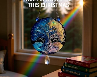 Book and Tree of Life Acrylic Suncatcher, 15cm – Blue Glass Crystals and Clear Teardrop