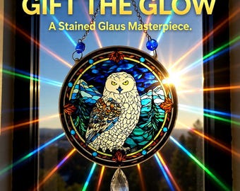 White Owl and Blue Mountain Acrylic Suncatcher – Glass Crystal Window Hanging, 25cm