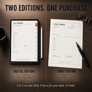 May include: An image showcasing two planner options: a digital iPad version and a print edition. The digital version is on a tablet with a stylus, while the print version is a paper layout. Text reads "TWO EDITIONS. ONE PURCHASE."