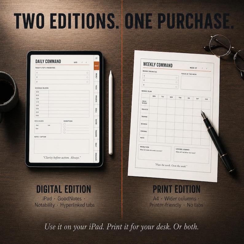May include: An image showcasing two planner options: a digital iPad version and a print edition. The digital version is on a tablet with a stylus, while the print version is a paper layout. Text reads "TWO EDITIONS. ONE PURCHASE."