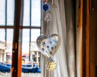 Forget-Me-Not Heart Suncatcher Hanging Crystal Glass Ball Sun Catcher Pressed Flower Car Home Decor Wall Floral Memory Gifts for Girlfriend