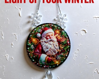 Santa Claus Acrylic Suncatcher with Glass Crystals – Christmas Window Hanging