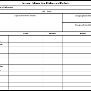 Pu&ograve; includere: Un modulo di diario medico vuoto con sezioni per informazioni personali, medici e contatti di emergenza. Il modulo include campi per la data di nascita, le condizioni diagnosticate, il contatto migliore, le informazioni di contatto di emergenza, il tipo di medico, il nome, il numero e l'indirizzo.