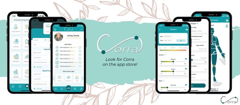 Pu&ograve; includere: Un'interfaccia di app mobile con uno schema di colori verde acqua e bianco. L'app si chiama "Corra" e presenta un logo a forma di simbolo di infinito con un cerchio verde acqua a ciascuna estremit&agrave;. Il testo "Look for Corra on the app store!" &egrave; visualizzato sotto il logo. L'interfaccia dell'app mostra diverse schermate, tra cui un profilo utente, un tracker dei sintomi e una mappa del corpo.