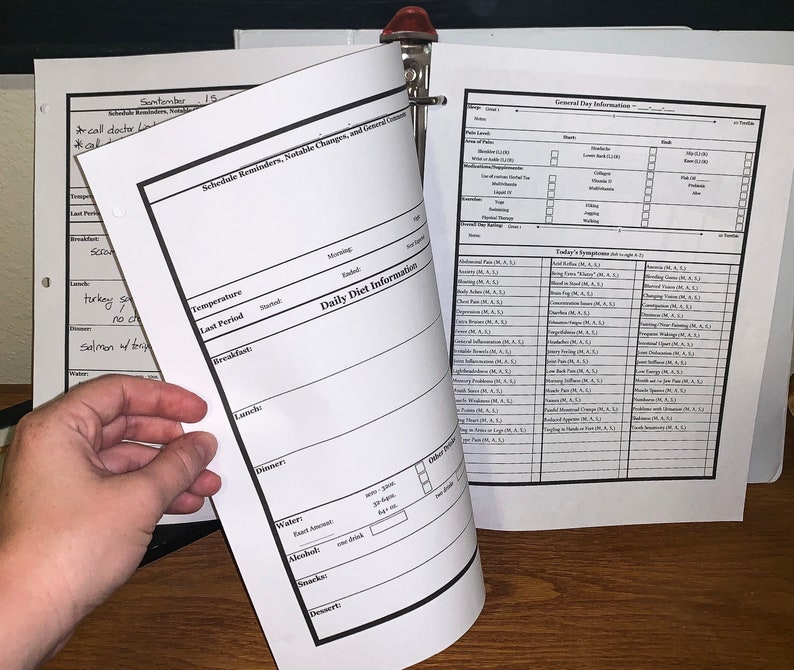 Pu&ograve; includere: Un foglio di carta bianco con un bordo nero e il titolo "Daily Diet Information". Il foglio &egrave; piegato a met&agrave; ed &egrave; tenuto da una mano. Il foglio ha sezioni per la colazione, il pranzo, la cena, l'acqua, gli spuntini, l'alcol e il dessert.
