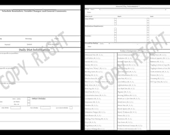 May include: A black and white printable daily health tracker form with sections for schedule reminders, notable changes, general comments, daily diet information, general day information, and today's symptoms. The form includes sections for temperature, last period, breakfast, lunch, dinner, water, other drinks, alcohol, snacks, dessert, sleep, pain level, area of pain, medications/supplements, general rating, and a list of symptoms.