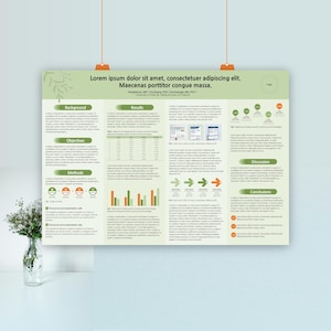 Könnte beinhalten: Ein grünes und weißes Poster mit dem Titel "Lorem ipsum dolor sit amet, consectetuer adipiscing elit. Maecenas porttitor congue massa." Das Poster ist in Abschnitte mit Überschriften wie "Hintergrund", "Ziele", "Methoden", "Ergebnisse", "Diskussion" und "Schlussfolgerungen" unterteilt.