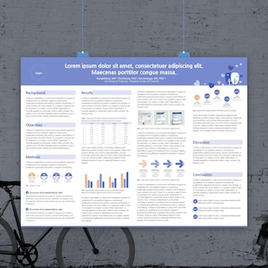 Könnte beinhalten: Ein blaues und weißes Poster mit dem Titel "Lorem ipsum dolor sit amet, consectetuer adipiscing elit. Maecenas porttitor congue massa." Das Poster ist in Abschnitte mit Überschriften wie "Hintergrund", "Ergebnisse", "Ziele", "Methoden", "Diskussion" und "Schlussfolgerungen" unterteilt.