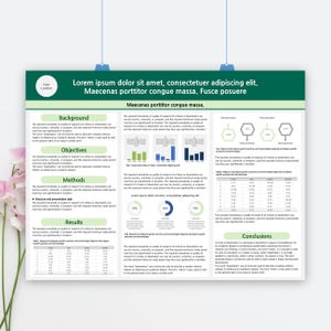 Puede incluir: Un póster con un encabezado verde y fondo blanco, con texto y gráficos. El póster incluye secciones etiquetadas como "Background", "Objectives", "Methods" y "Results". Se muestran gráficos y tablas, junto con el texto "Lorem ipsum dolor sit amet".