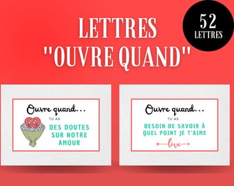 “Open When” envelopes for long distance relationships, Leaving College, long distance love. "Open when" labels in French