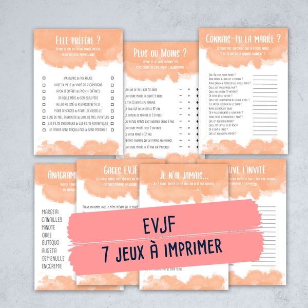 7 jeux pour Enterrement de vie de jeune fille, EVJF, Téléchargement instantané, fichier numérique à imprimer en francais, thème aquarelle,