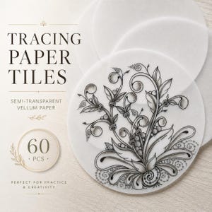 May include: White tracing paper tiles with a semi-transparent vellum finish. The image features a stack of round papers, one of which has a detailed black and white floral design. The text on the image reads "TRACING PAPER TILES" and "60 PCS."