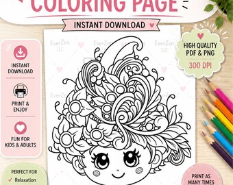 Página para colorear de Niña Floral / Arte inspirado en Zentangle (Descarga instantánea)