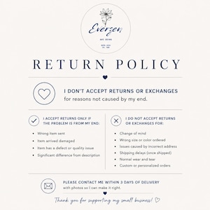 May include: A return policy graphic with a floral logo at the top. The text states the shop's return and exchange conditions, including reasons for acceptance and non-acceptance. The policy is written in navy blue text on a white background.