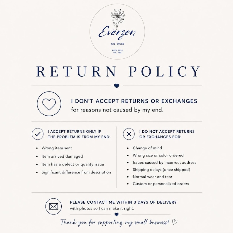 May include: A return policy graphic with a floral logo at the top. The text states the shop's return and exchange conditions, including reasons for acceptance and non-acceptance. The policy is written in navy blue text on a white background.