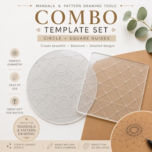May include: A clear acrylic combo template set for mandala and pattern drawing. The set includes circle and square guides. The text on the image says "Create beautiful, balanced, detailed designs". The set is perfect for all skill levels.