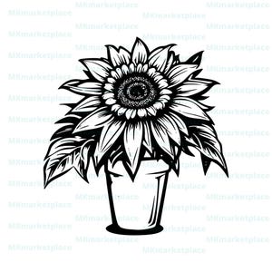 Sonnenblume im Topf Line Art | Schwarzweiße Sonnenblume Zeichnung | Blumen Wand Kunst | Rustikales Dekor | Von der Natur inspirierte Kunst |