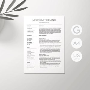 May include: A black and white CV template with the name Melissa Feliciano at the top. The CV includes sections for contact information, education, skills, statement, and work experience.