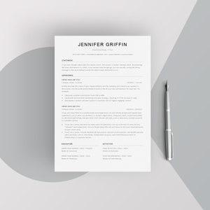 May include: A black and white resume template with the title "Jennifer Griffin" and the heading "Professional Title". The resume includes sections for Statement, Experience, Education, and Activities.