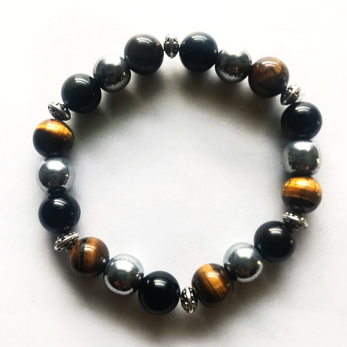 Genuine Tiger Eye Hematite & Black Onyx Bead Bracelet | Etsy