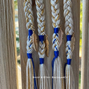 Creme and Gold Tassels, Braided Tassels with feather, Bachaar Tzitzits