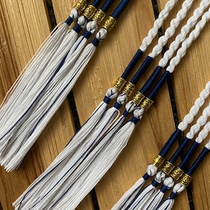 White and Navy Twisted Bachaar Tassels/Tzitzits with Golden Antique beads