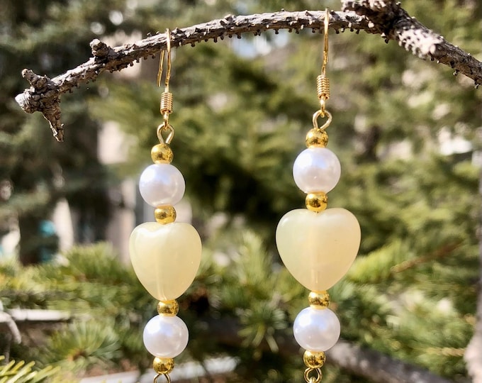 Yellow Mother of Pearl Shell Heart Earrings