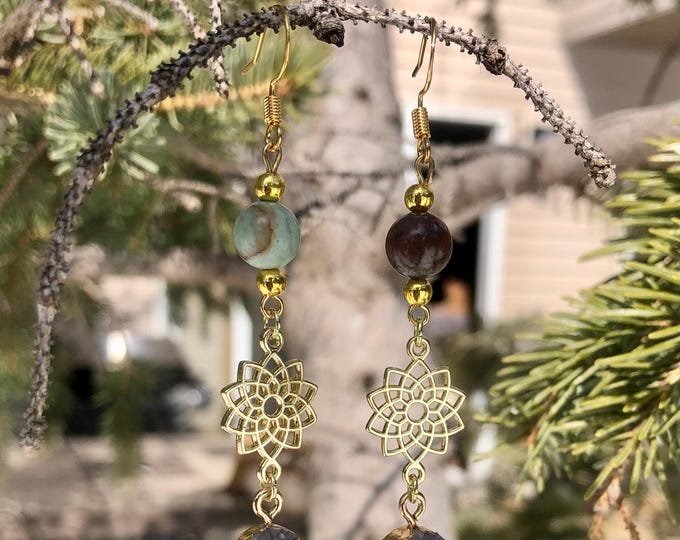 Agate & Mother of Pearl Leaf Chandelier Earrings