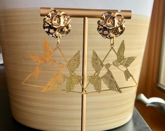 Gold Hummingbird Triangle Post Earrings