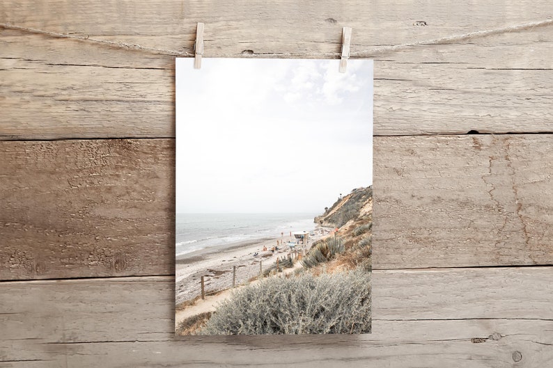 This is a vertical photograph wall print of Beacons Beach at Leucadia State Beach, Encinitas, California. The soft, muted blue green and warm brown colors give it a peaceful, soothing feel.
